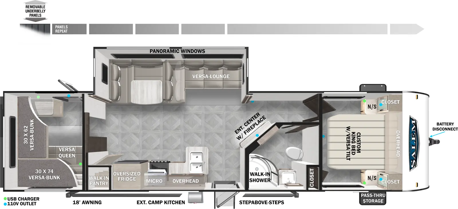 The 29VBUD has one slideout and one entry. Exterior features include an 18 foot awning, exterior camp kitchen, step above entry steps, front pass-thru storage, battery disconnect, and removable underbelly panels. Interior layout front to back: custom versa-tilt king bed with closet and night stands on each side, and overhead cabinet, and door side closet; door side full bathroom with walk-in shower; entertainment center with fireplace along inner wall; off-door side slideout with versa lounge/u-dinette and panoramic windows; door side entry, peninsula kitchen counter with sink, overhead cabinets, microwave, oversized refrigerator, and walk-in pantry; rear bunk room with versa bunks on rear and door side above and a versa queen below.